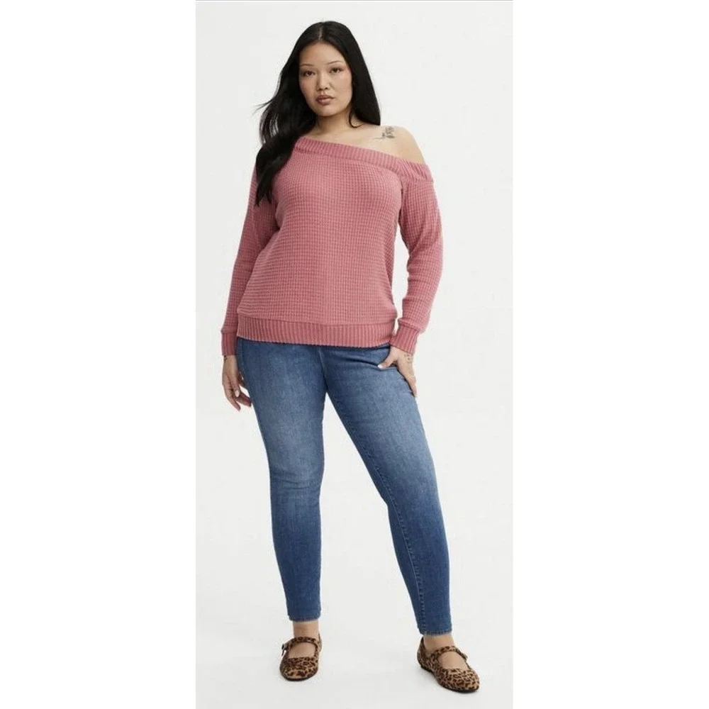 Torrid Off Shoulder Waffle Knit Sweatshirt Pink Size 0  12 Plus Soft Cozy NWT - Picture 3 of 11